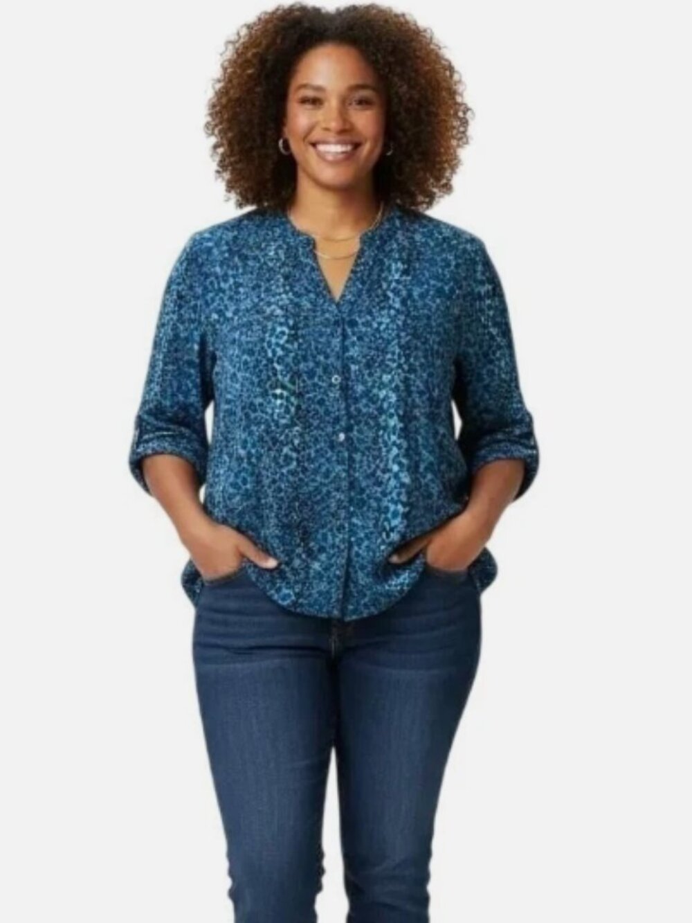 Kim Rogers Woman Blue Snake Print Button-Front Split Neck Blouse Plus Size 3X‎